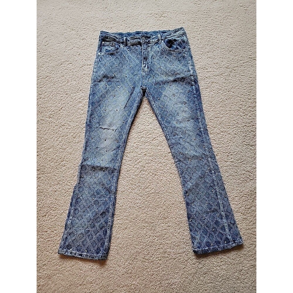 Watson Mens Denim Jeans Embellished Rhinestones Diamond Pattern Size 36